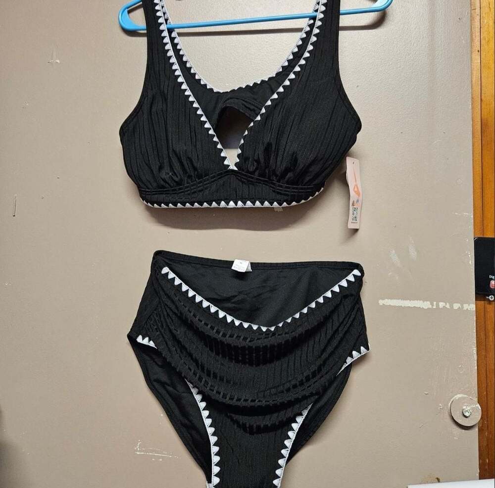(5) Charmo Black Ribbed Scalloped Trim High Waisted Bikini